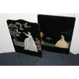 Two unusual early 20th century painted fire screens, both decorated in relief with ladies wearing