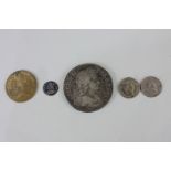 A Charles II 1676 crown, two 1836 silver four pence, a 1739 Maundy one pence and a token 'in