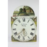 A 19th century longcase clock movement, the 12inch domed painted dial depicting ruins, signed