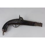 A 19th century percussion cap pistol, with engraved stock plate and ram rod (a/f), 36cm