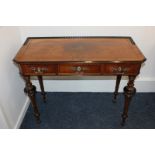 A Victorian walnut rectangular side table with ebony line inlay, three drawers, with mother of pearl