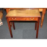 A George III mahogany rectangular side table, single drawer with brass swan neck handles, on