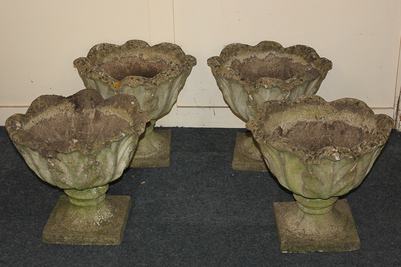 A set of four stone composition garden urn planters with scalloped borders, on square bases, 44cm