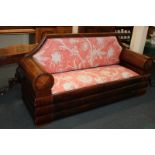 A Biedermeier design walnut frame sofa, with upholstered back panel and seat, and closed cylindrical