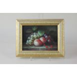 C Botkin (contemporary) still life of grapes and peaches, oil on board, signed, 12cm by 16.5cm