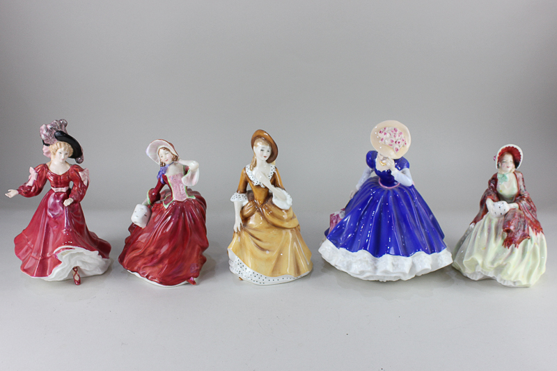 Five Royal Doulton porcelain figures of ladies to include Her Ladyship HN1877, Autumn Breezes