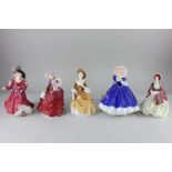 Five Royal Doulton porcelain figures of ladies to include Her Ladyship HN1877, Autumn Breezes