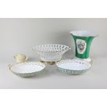 A pair of Mintons oval porcelain two-handled dishes, each with pierced floral border and turquoise