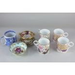 Four Wedgwood china mugs, a Spode Italian pattern mug, a Paragon sugar bowl, and a small porcelain