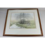R.G. Massey, spaniel beside a stream amongst fields, trees beyond, watercolour, signed, 29.5cm by