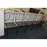 A set of six modern black metal framed dining chairs with lattice seats
