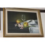 Ted Dyer, still life of wine glass, apples and flowers beside a white cloth, oil on canvas,