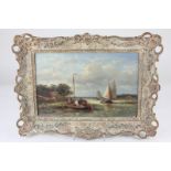 Maritime school, boats sailing off a shoreline, oil on canvas, indistinctly initialled and dated