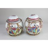 A pair of Chinese porcelain ginger jars and covers, decorated with a family group in a garden,