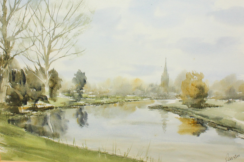 Ranson, Salisbury Cathedral from the River Avon, watercolour, signed in ink, 39cm by 48cm