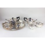 Two plated three piece tea sets, to include one of oval form with fluted corners, comprising tea