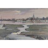 Local interest, late 19th / early 20th century, sunset over Bosham church from across the harbour,