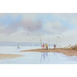 John Frederick Lawrence (20th century), anglers on a beach with yachts beyond, watercolour, signed