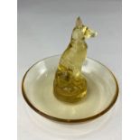 A Lalique 'Chien' amber glass dish, etched mark to base, 10cm high (a/f)