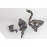 A pair of bronze models of geese, tallest 28cm high, together with a Japanese bronzed metal model of