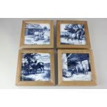 Four framed Minton blue and white tiles, depicting horses, sheep and cattle, 14cm square (a/f)