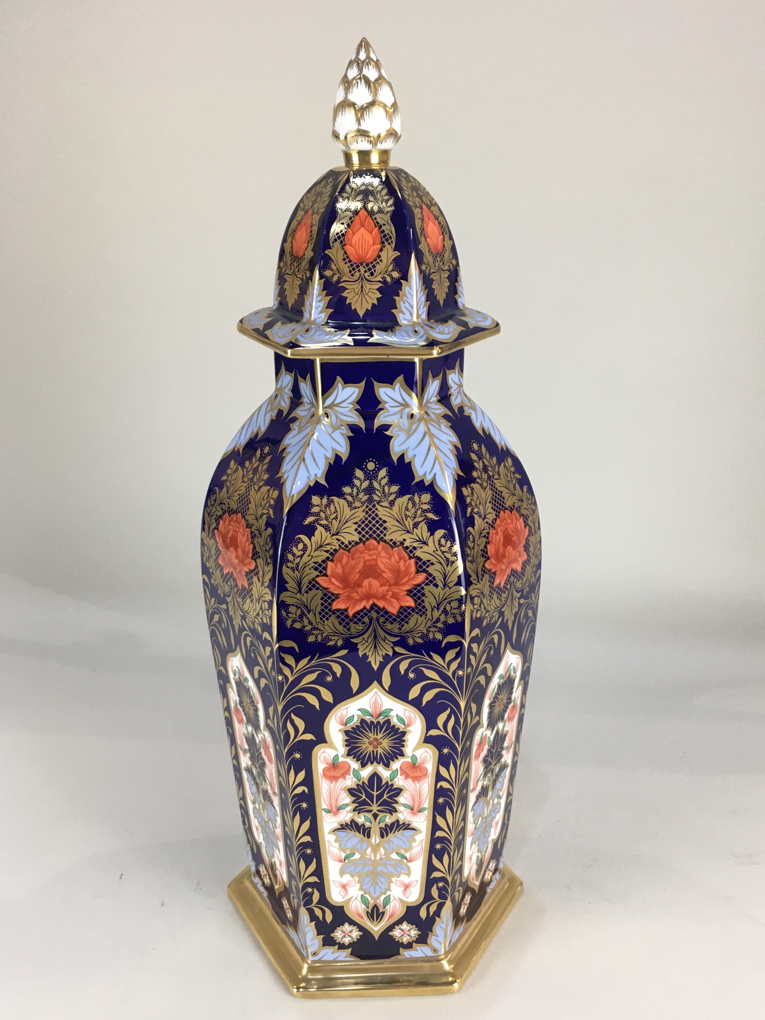 A Derby Ceramic Art Studios 'Hamilton Imari' porcelain jar and cover, of hexagonal form, 44cm high