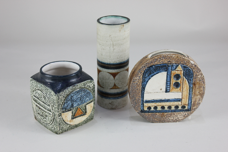 Three Troika pottery vases, comprising a small 'wheel' vase, 12cm high, a square vase, 10cm high,