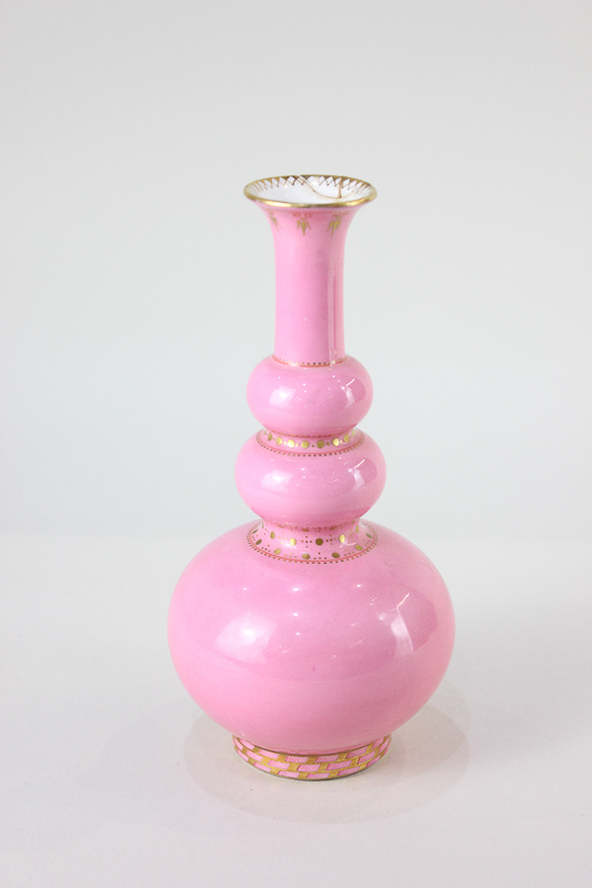A Victorian, possibly Minton, pink porcelain vase, gourd shape with gilt highlights, Goode, 19 South