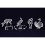 Lalique, France frosted glass models of animals, a ram, a deer paperweight, two swans and a ring