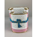 A Mintons porcelain letter holder / desk stand, with scrolled gilt rim, and lacework style panels