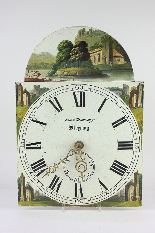 A 19th century longcase clock movement, the 12inch domed painted dial depicting ruins, signed