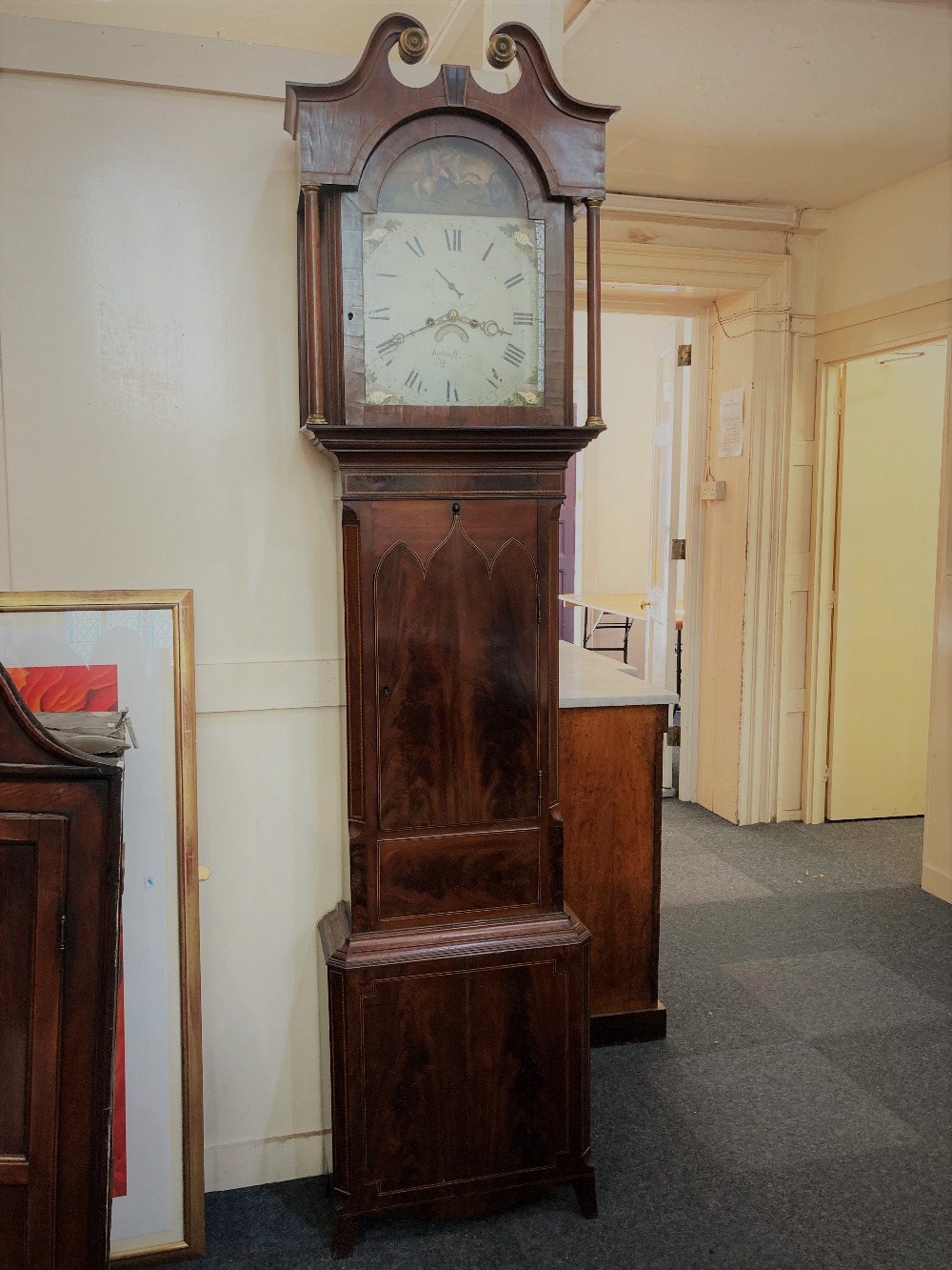 A 19th century inlaid flame mahogany longcase clock, the 14inch domed dial with painted face, - Image 2 of 4