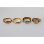 A 22ct gold wedding ring; two 9ct gold rings; a 15ct gold and gem set ring (a/f) 11.7g