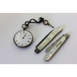 A silver open face pocket watch; and two pen knives