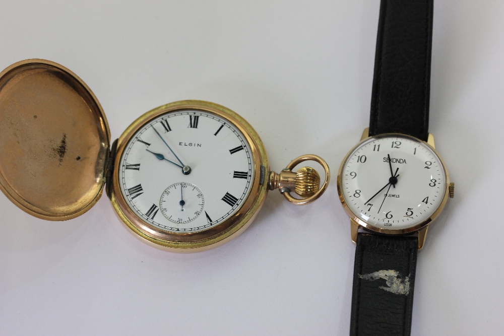 A rolled gold hunter cased pocket watch by Elgin, and a Sekonda wristwatch