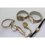 Six various gold wrist and bracelet watches