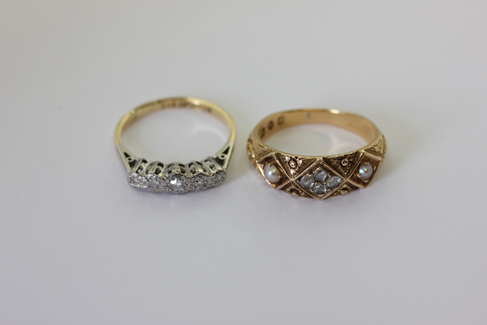 A rose cut diamond and pearl ring in 18ct gold, and a five stone eight cut ring in 18ct gold