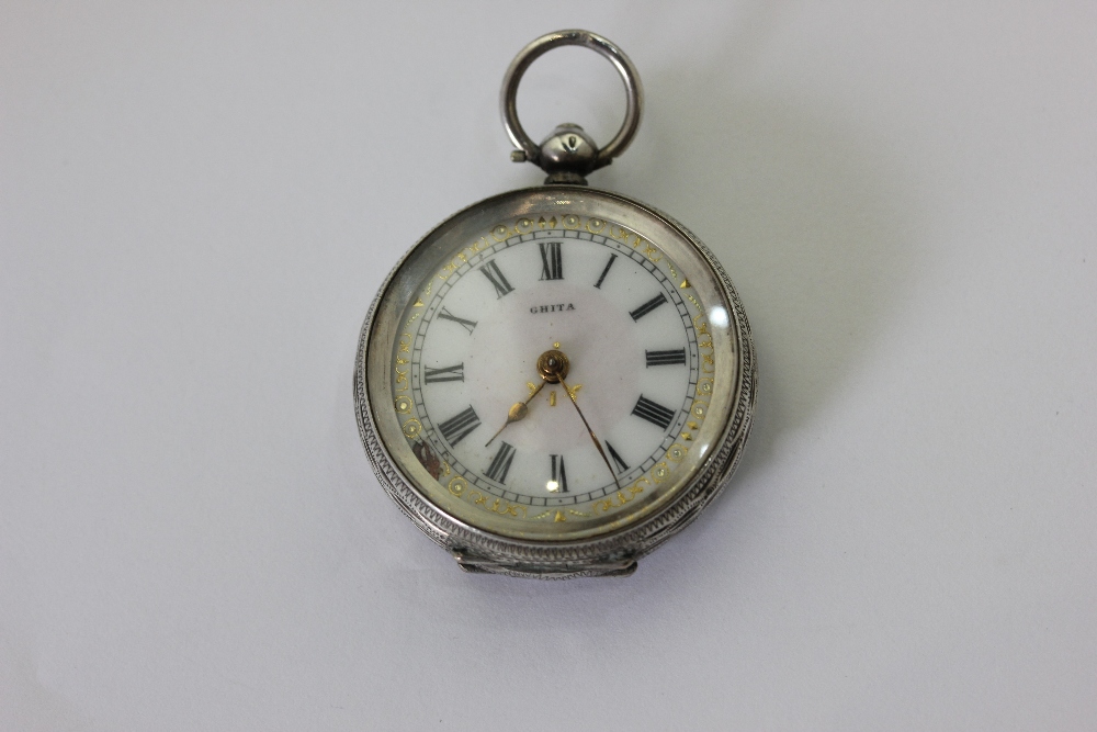 A lady's Swiss silver open face pocket watch circa 1900 in a silver travelling case, hallmarked - Image 3 of 3