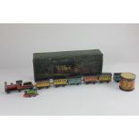 A small tin plate toy steam locomotive and six carriages, marked JLR 100, another smaller locomotive