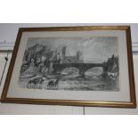 A monochrome print depicting a 19th century view of Durham cathedral, 36cm by 58cm