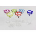 A harlequin set of five hock glasses, probably Val St Lambert