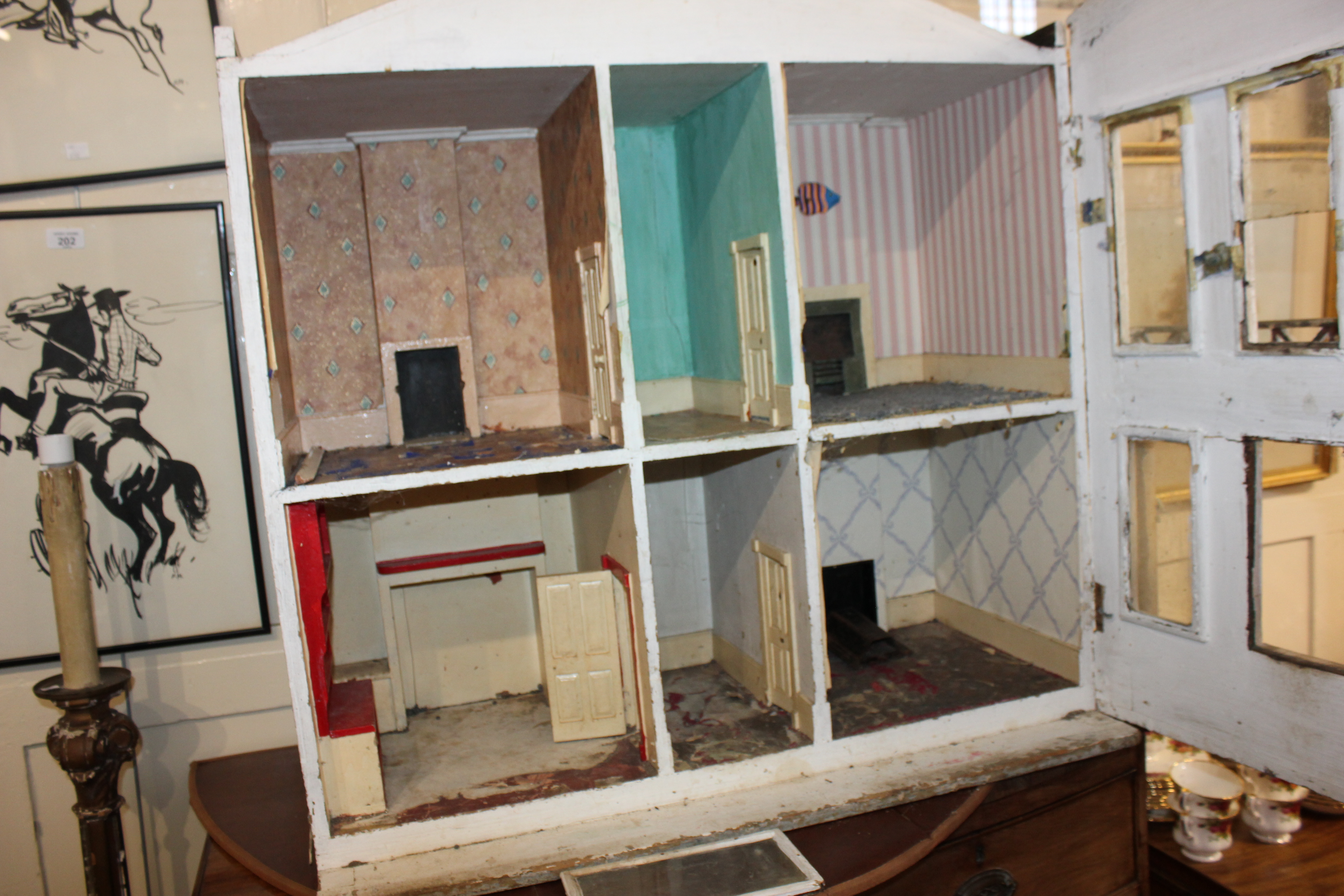 A Regency style white painted wooden dolls house, the hinged facade with pointed pediment, nine - Image 2 of 9