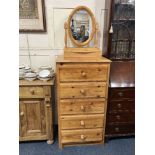 A pine narrow chest of five drawers 56cm and an oval dressing table mirror with box base, 43cm