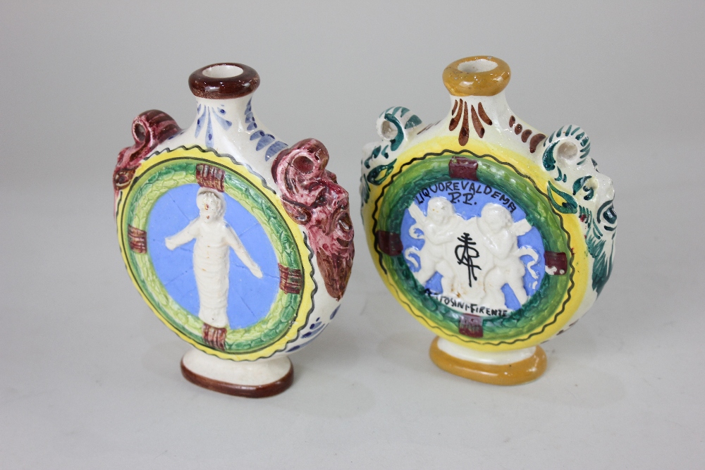 A pair of Italian majolica moon flasks, marked Certosini Firenze Liquore Valdema P.P, with della