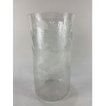 A large cylindrical cut glass vase, with etched and frosted hydrangea design, 31cm high