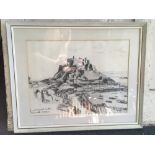 Basil Brooke, scenic landscape, Mont Orgueil Castle, Granville, Jersey, charcoal, inscribed and