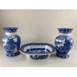 A pair of Cauldron pottery blue and white baluster vases, decorated with a pattern of classical