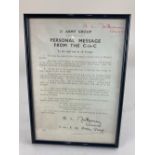 A framed replica message from General Montgomery commander in Chief of 21 Army on the eve of D Day,