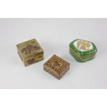 A Tunbridgeware stamp box, 4.2cm, a French porcelain and gilt metal mounted trinket box, the