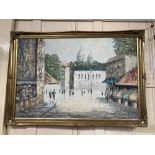 L Bassett (20th century) street scene, possibly Paris, oil on canvas, signed, 60cm by 90cm